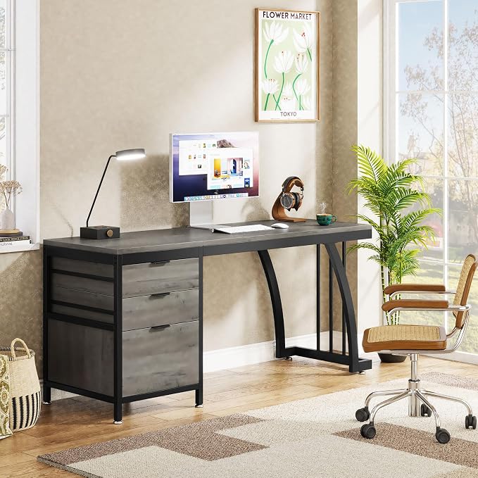 Tribesigns Computer Desk with 3 Drawers, 59-Inch PC Desk with Reversible Drawers, Industrial Study Writing Table Workstation with File Storage for Home Office (Grey)