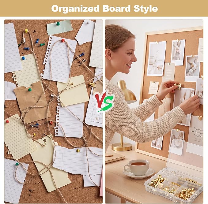 BESARME 175 Pcs Gold Push Pins for Bulletin Board, 8 Style Thumb Tacks Decorative Pins with Push Pin Hook Pushpin Clip for Cork Boards Maps Photos Vision Boards Office Classroom Home Organization