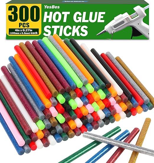 300 Pack Colored Hot Glue Sticks, 4" Long x 0.27" Diameter Mini Hot Glue Sticks, Perfect Fit for Mini Glue Guns, Widely Used in Wood, Metal, Glass, Plastic, Floral, Fabric, Leather, Foam