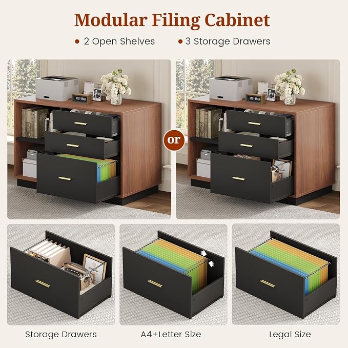 78.7" L Shaped Executive Desk with Lateral File Cabinet, Extra Large Office Desk with Drawers & Power Outlets, Modern Corner Computer Desk with Storage Shelves, Business Furniture, Walnut