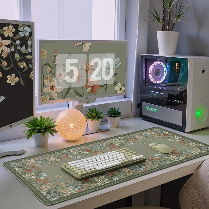iCasso Desk Mat for Keyboard and Mouse,Cute Desk Pad,Sage Green | Large Non-Slip Keyboard Mat with Stitched Edges,Floral Mousepad for Women,Girly Computer Mat for Home Office