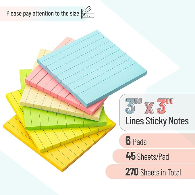 Mr. Pen- Lined Sticky Notes 3x3, 6 Pads, 45 Sheet/Pads, Pastel Colors, Sticky Notes with Lines, Stocky Notes for Bible Journaling
