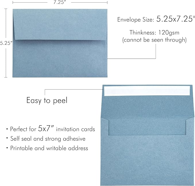 PONATIA 5x7 Envelopes, Dusty Blue Self Seal A7 Envelopes | Envelopes for Weddings Invitation Cards, Photos, Postcards, Greeting Cards Mailing, Baby Shower, Christmas Cards