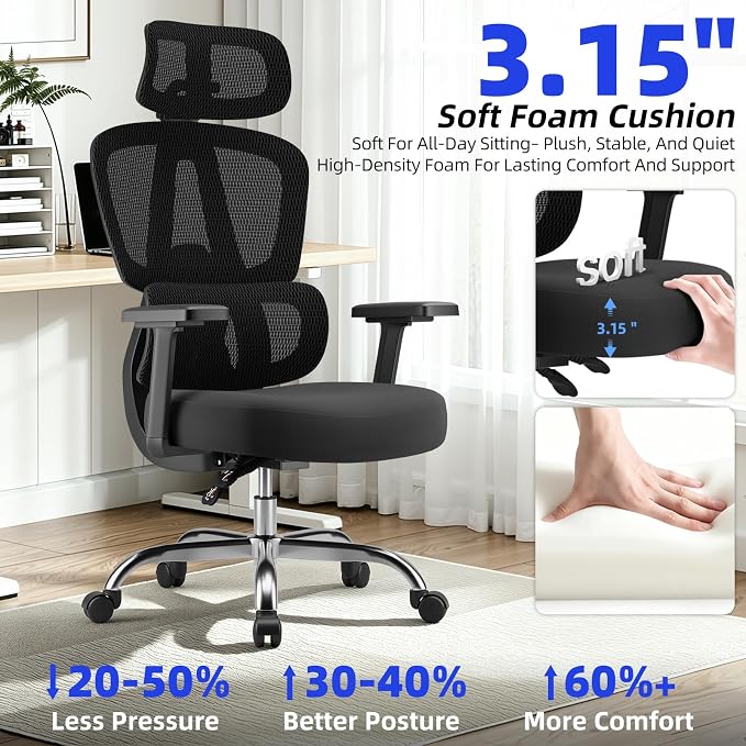 Office Chair Ergonomic Desk Chair Breathable Mesh Chair with Lumbar Support & Headrest, Black Office Chair 330 Lbs Home Computer Chair Thickened Cushion for Adults & Women (Small Chair)