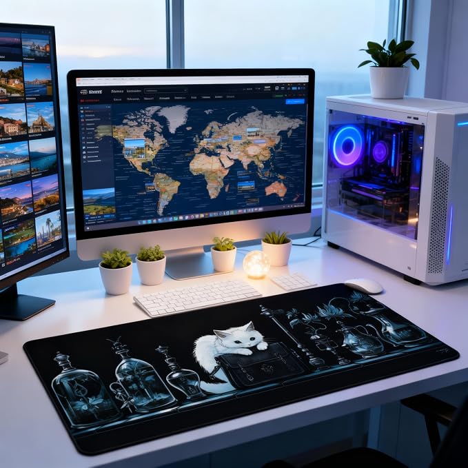 Anime White Cat Gaming Mouse Pad, Black White Gothic Desk Mat with Anti-Slip Base & Stitched Edges,35.4" x 15.7" in Desk Accessories for Women, Home Office Decor & Artistic Gift