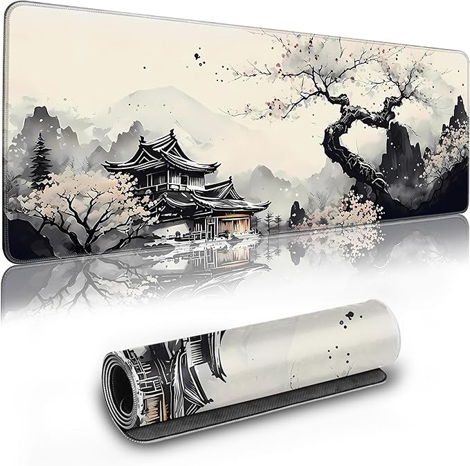 Long Gaming Mouse Pad Extended Anime Large Desk Pad with Non-Slip Base Full Keyboard Mat with Stitched Edges for Gaming and Office 31.5 x 11.8 inches (Wash Painting)