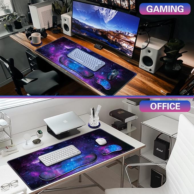 Canjoy Desk Mat with Wrist Rest, Keyboard and Mouse Pad Wrist Support Pad ﻿ | 4-in-1 Big Large Mouse Pad(35.4×15.7in) + Keyboard Wrist Rest + Coaster, Galaxy Keyboard Mat Computer Desk Pad Memory Foam