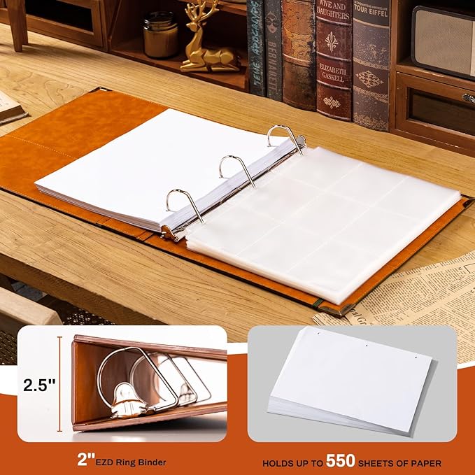 Leather D Ring Binder Fits 8.5"x11" Letter Size Paper, 2 Inch D-Ring Binders Holds 550 Sheets, Notepad Paper Cover Loose Leaf Organizer with Inner Pockets, Green Tree
