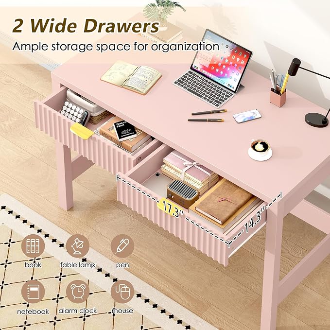 39 Inch Small Fluted Computer Desk with 2 Drawers for Bedroom, Home Office | Small Computer Desk with Storage, Compact Writing Study Desk for Small Spaces, Blue
