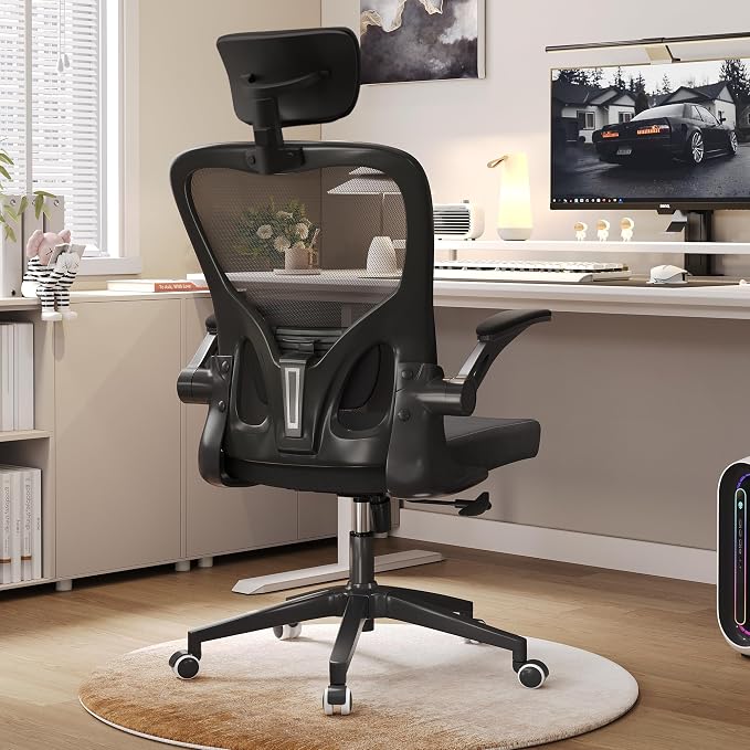 Monhey Office Chair Ergonomic Desk Chair with Lumbar Support&Headrest&Flip-up Arms Height Adjustable Rocking Swivel High Computer Chair Multi-Angle from 90° to 125° with 350LBS Capacity (03All Black)