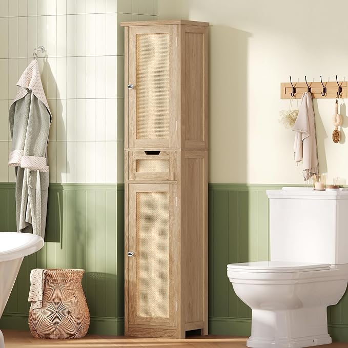 Iwell Tall Bathroom Cabinet, Slim Narrow Storage Cabinet with Adjustable Shelves, Rattan Cabinets with 1 Drawer, for Bathroom, Living Room, Entryway, Kitchen, Nature