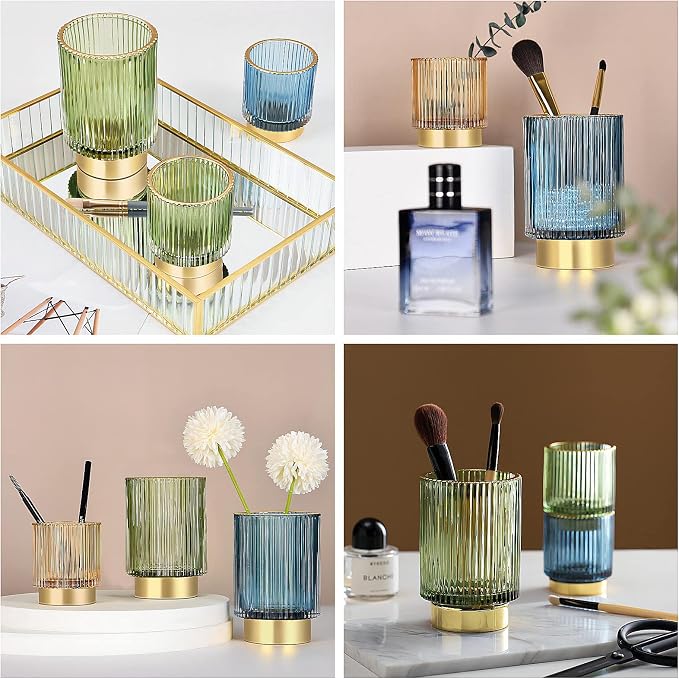DASITON Makeup Brush holder Organizer,Crystal Cosmetic Makeup Brush Glass Brushes Storage Holder, Vintage Make Up Brush Cup Pen Pencil Holder striped vase(Green S)