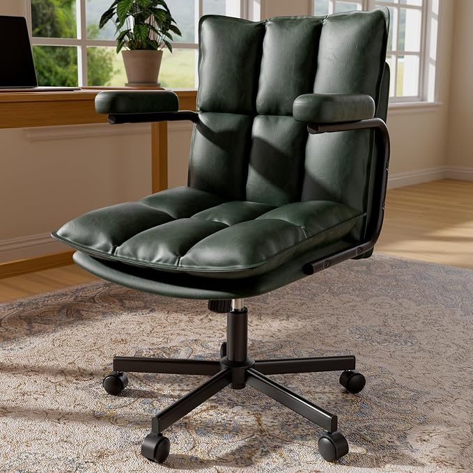Mid Century Modern Desk Chair, Vintage Leather Office Chair, Green | Petite Computer Chair for Small to Medium Women, Thickened Back, Cozy Seat, Adjustable Height for Home