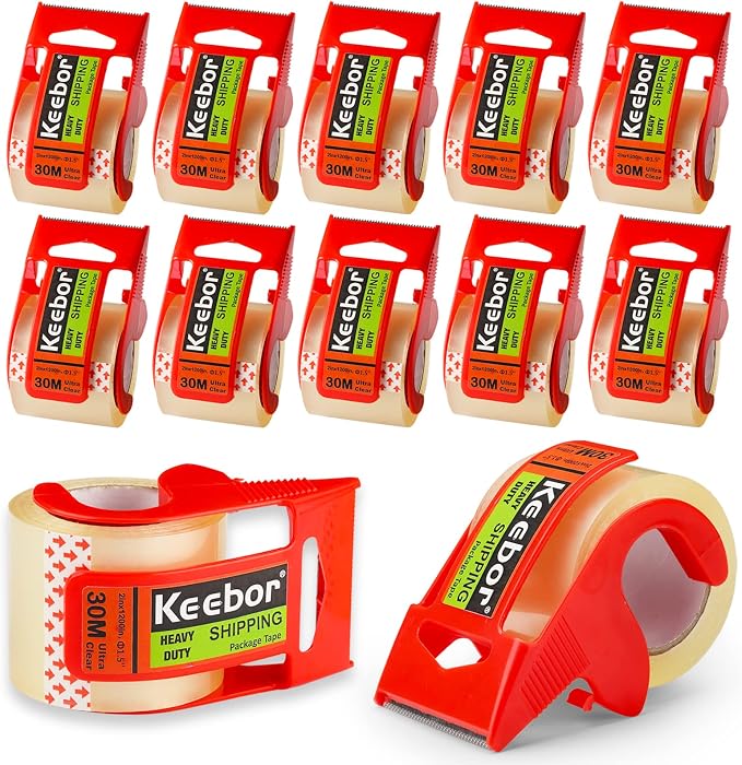 Packing Tape with Dispenser, 12 Rolls Clear Shiping Package Tape, 2'' x 32.8 yd, 1.5'' Core, Designed for Packing, Shipping & Mailing | 2'' x 32.8 yd, 1.5'' Core, Designed for Packing, Shipping & Mailing