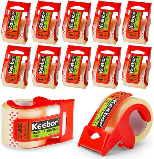 Packing Tape with Dispenser, 12 Rolls Clear Shiping Package Tape, 2'' x 32.8 yd, 1.5'' Core, Designed for Packing, Shipping & Mailing | 2'' x 32.8 yd, 1.5'' Core, Designed for Packing, Shipping & Mailing