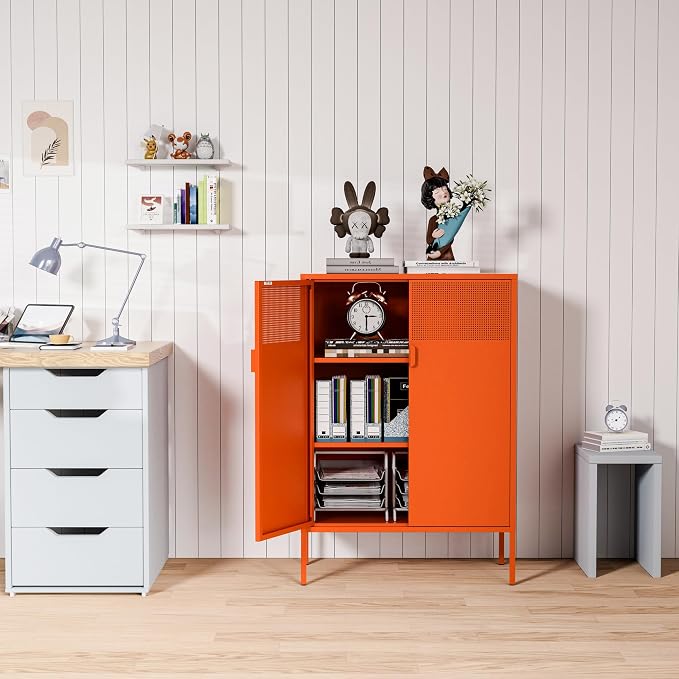 Washsemba 2 Mesh Door Metal Cabinet with Adjustable Shelves, Multipurpose Orange Storage Cabinet, 3-Tier,Metal Storage Cabinet for Office Home,Hallway(Orange, 47''H)