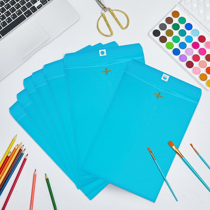 Geyee 100 Pcs Clasp Manilla Envelopes 9 x 12 Inch Gummed Colored Envelopes for Storing or Mailing for Home Office Business Supplies(Lake Blue)