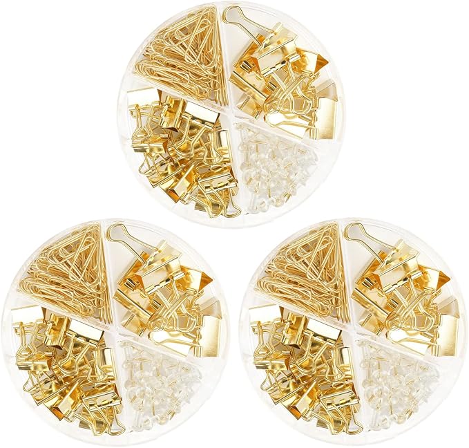 Paper Clips Binder Push Pin Set, Assorted Sized Binder Clips | Cute Office Supplies, Aesthetic Desk Accessories Teachers Desk Must Have, Paper Clips and Binder Clips Set, Gold, 3 Pack