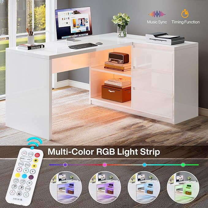 Tribesigns White L-Shaped Computer Desk with 3 Drawers, 55-Inch Modern Gloss Corner Home Office Executive Desk with LED Lights and 2 Storage Shelves for Work Study Writing