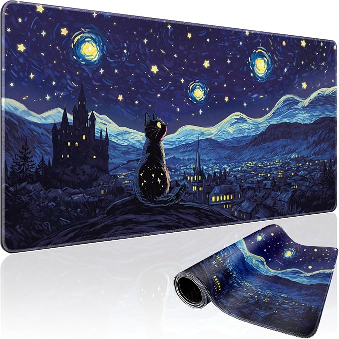 Starry Night Cat Large Gaming Mouse Pad Desk Mat 31.5"x15.7" | Extended Mousepad, Non-Slip Rubber Base , Stitched Edges, for Computer/Laptop/Office/Home