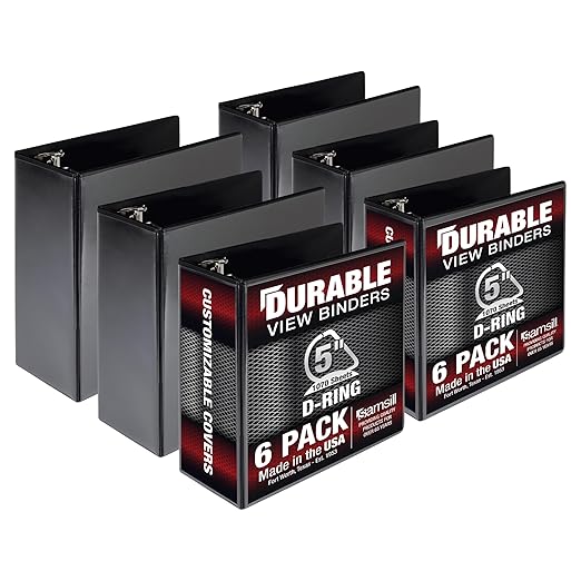 Samsill Durable 5 inch 3 Ring Binder, Locking D Ring 100% Recycled Chipboard, Black, 6 Pack