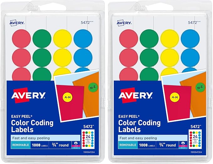 Avery Removable Color-Coding Labels, Removable Adhesive, Assorted Colors, 3/4" Diameter, 1, 008 Labels (5472), (Pack of 2)