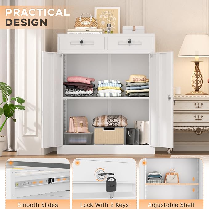 Metal Garage Storage Cabinets with Lock,Steel Storage Cabinet with Drawer and 2 Adjustable Shelves, Small Lockable Office Steel Cabinet for Home, Warehouse, School, White
