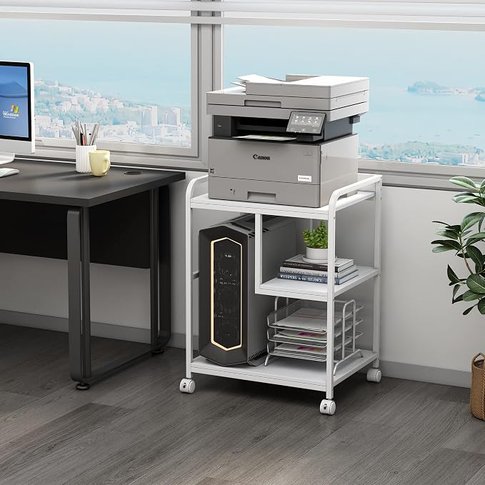 Fannova Large Printer & PC Tower Stand with Wheels for Home Office Storage | Table for 22"x18" Big Size Printer, Rolling Printer Cart with Shelf for Computer Tower CPU Shredder, White Color