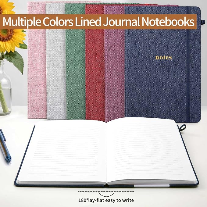 A5 Lined Journal Notebook, Fabric Hardcover | 100GSM Paper 160 Pages, 5.7"x8.39" College Ruled Journaling, with Elastic Band & Pen Loop, for Work, School (Dark Green)