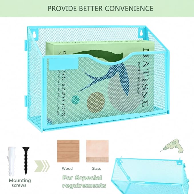 1 Pocket Mesh Wall File Holder Organizer Office Hanging File Folder Magazine Rack, Nametag Label Hooks Set Included (Blue)