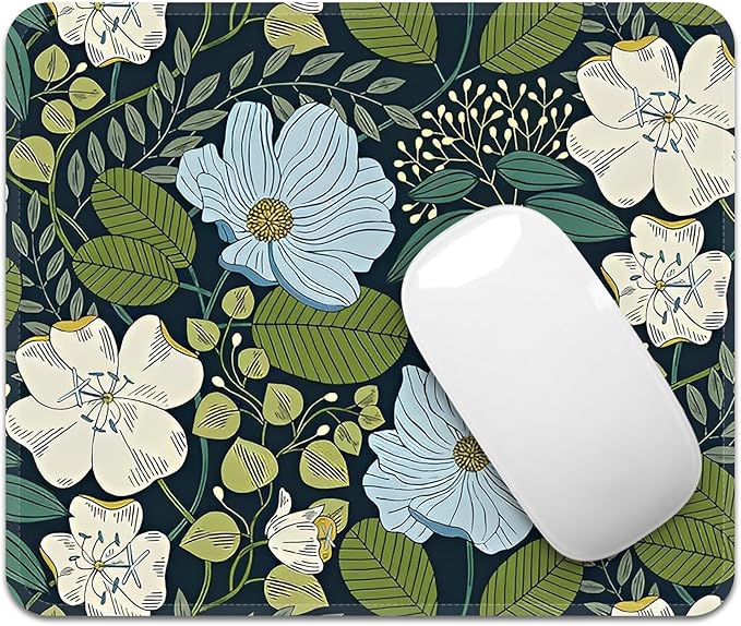 Mouse Pad with Stitched Edges - Cute Floral Mousepad for Women, 9.25 x 7.75 inch Washable Square Desk Pad, Non-Slip Rubber Base, Office Home Laptop Accessories - Olive Floral