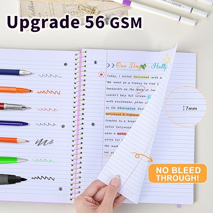 Spiral Notebook College Ruled Paper 8" x 10-1/2", 1 Subject Spiral Notebook, 3-Hole Punched Perforated Pages Ideal for School, Office, Writing, 95 Sheets Lined Journaling Notebook, Purple