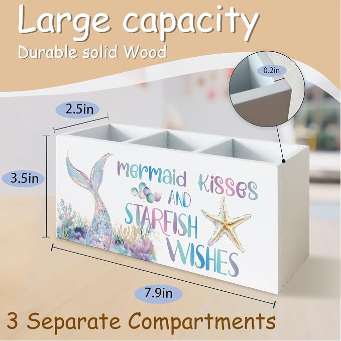 Pastel Mermaid Beach Pen Pencil Holder Organizer for Desk, Mermaid Gifts for Girls Women, Coastal Ocean Starfish Coral Wooden Box Block Sign for Home Classroom Dorm Office Tabletop Decor