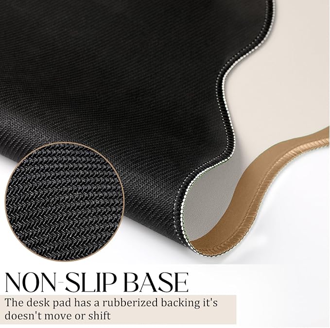 Hahafelt Scalloped Desk Mat Waterproof,Beige,23.6 X 13.8 Inches | Coquette Preppy Style for School Office Makeup Vanity, Nonslip Gaming Desktop Protector with Scalloped Stitched Edge Mat