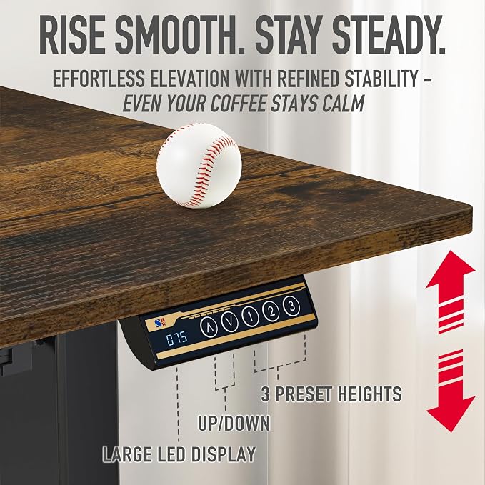 SHW 55 x 28 Electric Height Adjustable Standing Desk w/Drawer,Rustic Brown | w/ Memory Presets and Cable Management | Drawer with adjustable compartments | Hanging Hooks