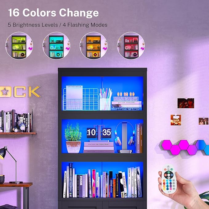 Book Shelf and Bookcase with Doors, 5-Tier Display Storage Cabinet with Adjustable Shelves, Open Compartments, Remote Control LED Lights, Tall cabinet for Bathroom Kitchen Living Room, Home Office