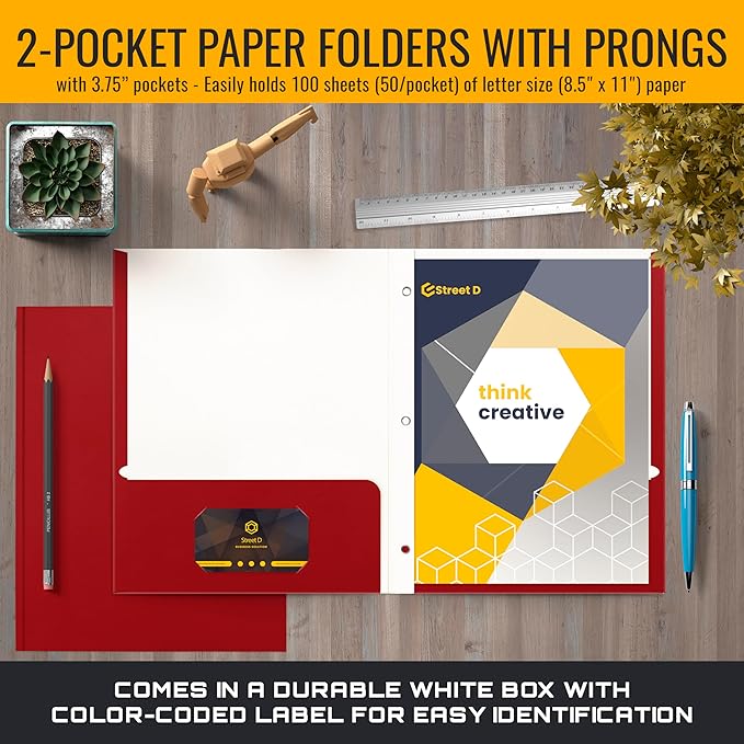 Better Office Products Red Paper 2 Pocket Folders with Prongs, 50 Pack, Matte Texture, Letter Size Paper Folders, 50 Pack, with 3 Metal Prong Fastener Clips, RED