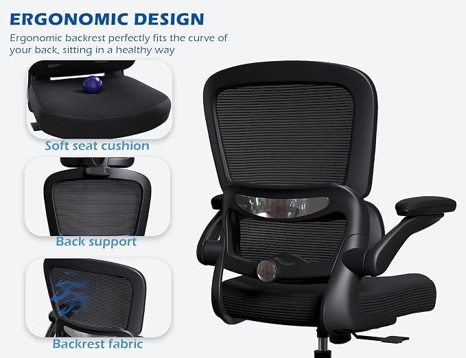 TRALT Ergonomic Office Chair Desk Chair with Adjustable Lumbar Support | Desk Chair Comfy with Flip-up Armrests Ergonomic Chair - Mesh Computer Chairs for Adults, 330lbs, PU Leather (Black, 6)