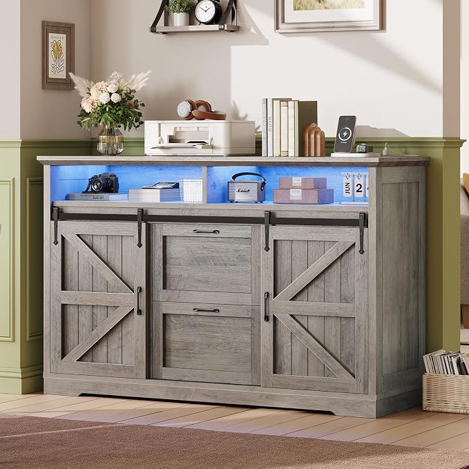 SEDETA 47.2" File Cabinet, 2 Drawers Filing Cabinets for Home Office fit Legal/Letter/A4 File, Farmhouse File Cabinet with Barn Door & Power Outlets, Printer Stand with Storage & LED Lights, Grey