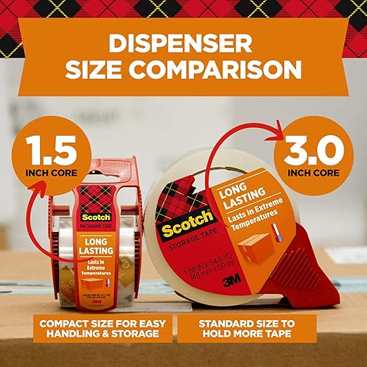 Scotch Long Lasting Storage Packing Tape, Clear, Storage Tape Withstands Extreme Temperatures, 1.88 in x 38.2 yd,4 Rolls and 4 Tape Dispensers