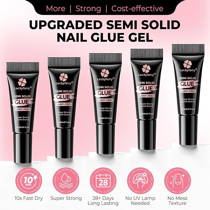 Luckyfairy Super Strong Nail Glue 5PcsX2g for Press On Nails | Quick Drying, Semi Solid Nail Glue Gel For Acrylic Fake Nails Tips, Mini Tubes, Mess-Free, No Lamp Needed, Beginners-Friendly