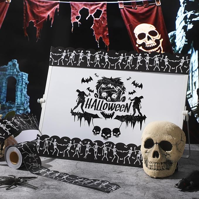 32.8 Ft Halloween Skeleton Bulletin Board Borders, Scalloped Trim | Black Scalloped Edge with Skeleton Boo Design, Ideal for Classroom Displays, Office Boards, Halloween Party Decorations
