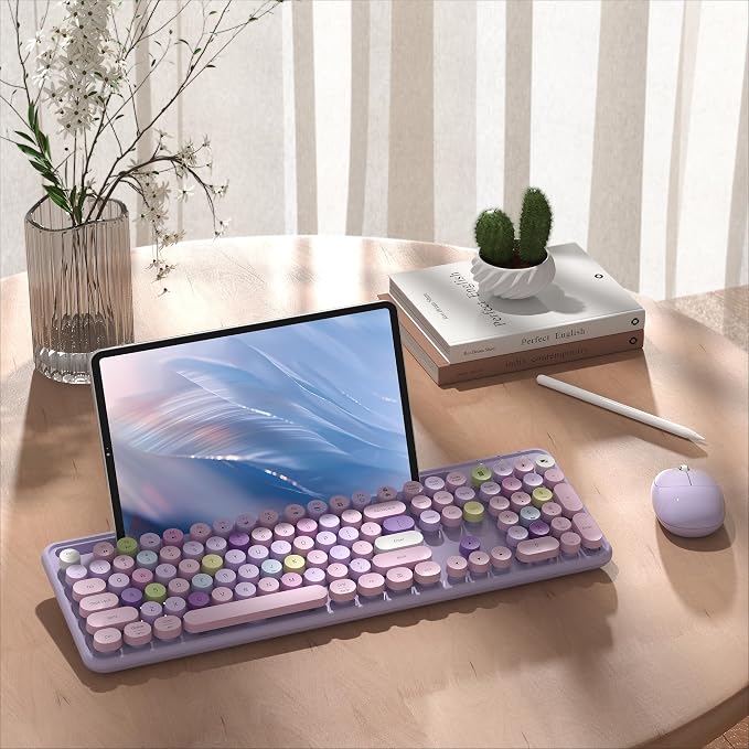 Wireless Keyboard and Mouse Combo with Phone Holder (Purple) | MPTOG Colorful Typewriter Keys with Wrist Rest, , 2.4GHz Wireless, Full-Sized Optical Mouse for PC and Laptop