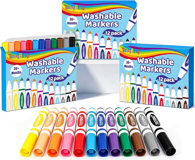 Washable Markers Bulk (36 Count, 3 Box), Broad Line Markers for Kids with Conical Tip, Assorted Colors, Drawing Essentials for School Classroom, Student Must Have for Coloring Book, Art Craft Supplies