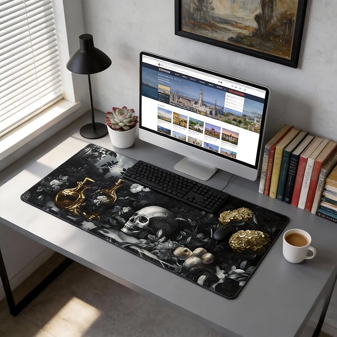 Aesthetic Skull Gaming Mouse Pad, Black Gold Dark Epic Desk Mat with Anti-Slip Base & Stitched Edges,35.4" x 15.7" in Table Mat for Computer Desktop, Beautiful Workstation Decor