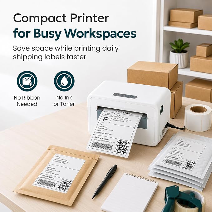 Bluetooth Shipping Label Printer, 4X6 Wireless Label Printer, USB Shipping Label Maker for Small Business, Compatible with iPhone, Android, Windows & Mac (White-9)