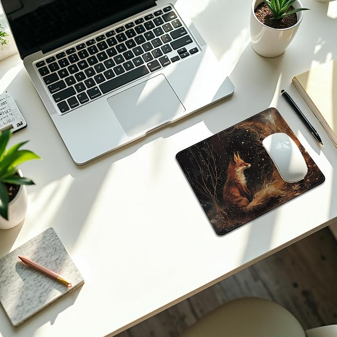 Vintage Fox Campfire Mouse Pad, Fox Lover Gifts, Mystical Enchanted Forest Wild Animal Mouse Pads for Desk Home Office Dorm Computers Laptop, Camping Nature Desk Accessories, 9.5x7.9 Inch