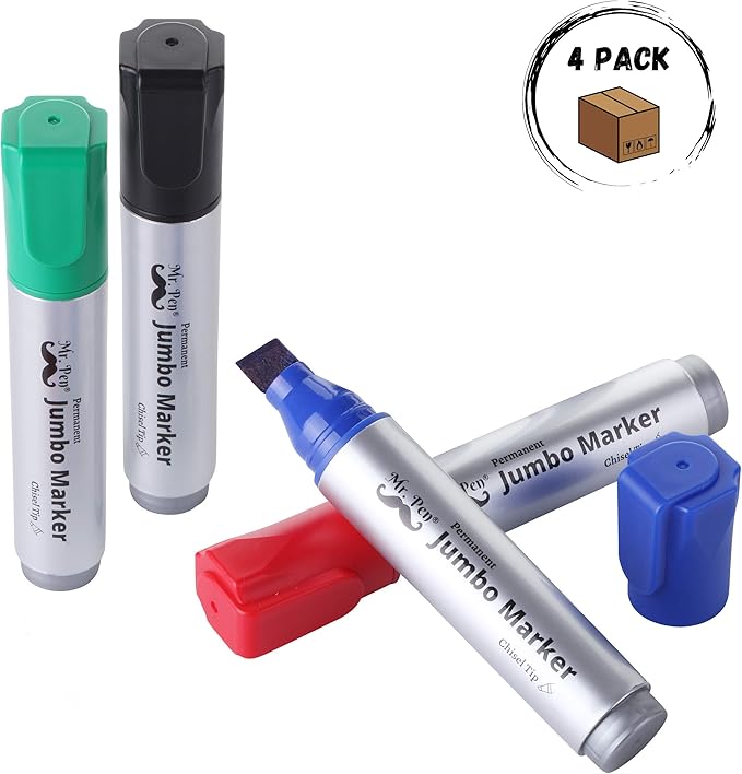 Mr. Pen- Jumbo Permanent Markers, 4 Pack, Assorted Color, Chisel Tip, Large, King, Color Permanent Markers Set, Huge Poster Markers