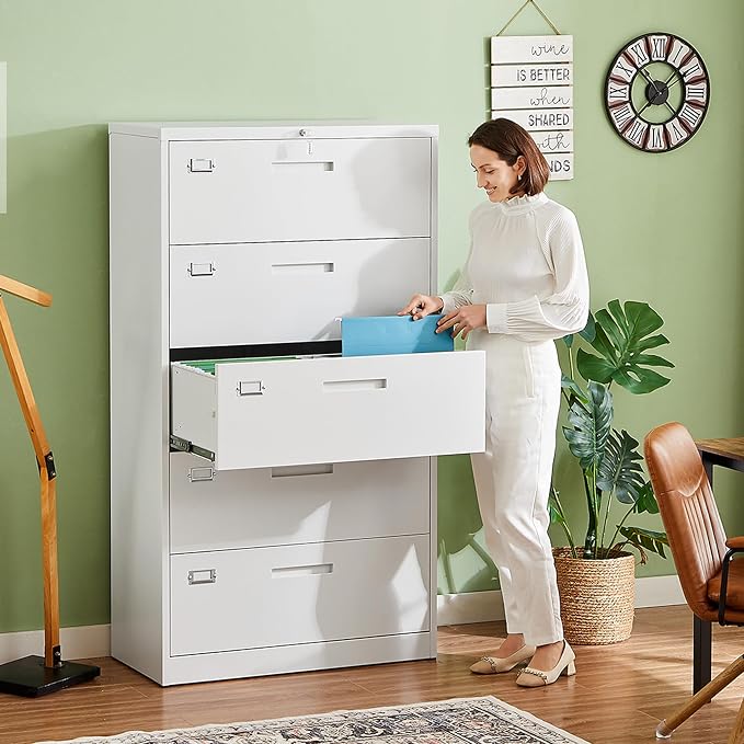 Lateral 5 Drawer File Cabinet with Lock,Metal Wide White Filing Cabinets for Home Office Storage A4/F4/Letter/Legal(Assembly Required)