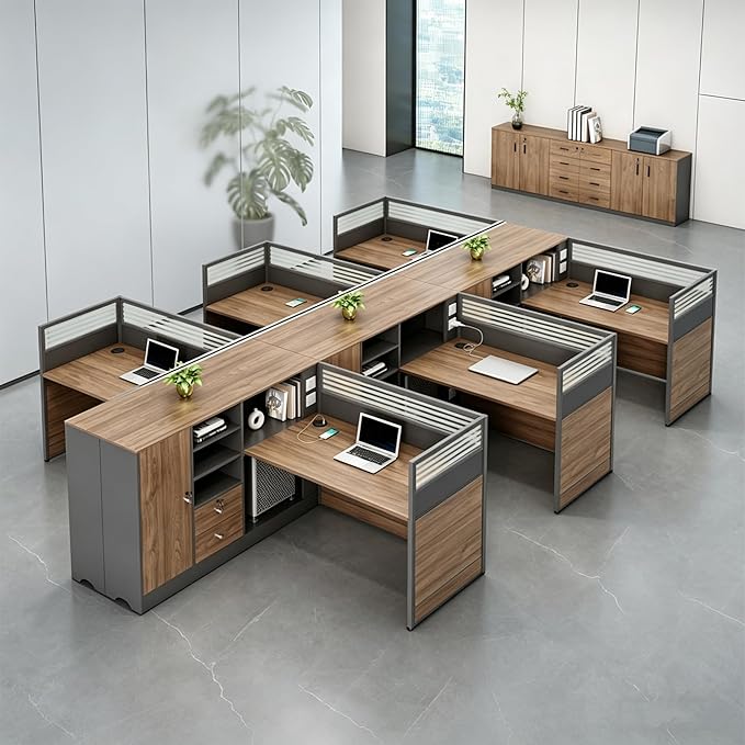 Modern Office Workstation Desk with Side Storage Cabinet, Tempered Glass Privacy Panels, USB Charging Hub & Cable Management, Modular Cubicle Desk for Office Work (C - Left, 6P)